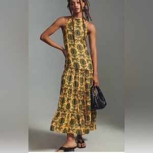 Farm Rio Yellow and Black Jaguar Print Halter Maxi Dress Size Large